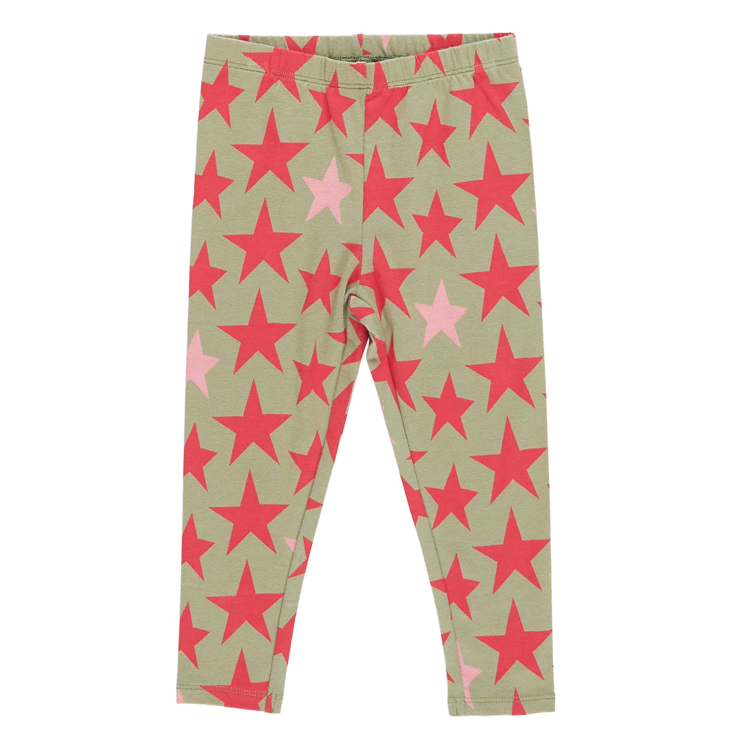 olive green leggings with red and pink star all over print