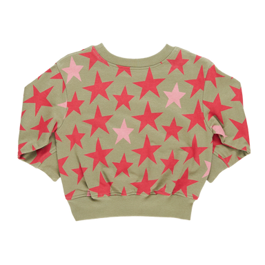 back of olive green sweatshirt with red and pink stars all over print
