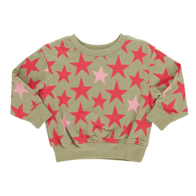 olive green sweatshirt with red and pink stars all over print