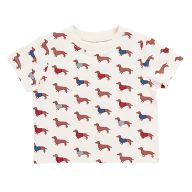 white short sleeve tee with dachsunds wearing sweaters print