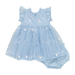 back of ruffle sleeveless light blue organza dress with santa embroidery with matching bloomers