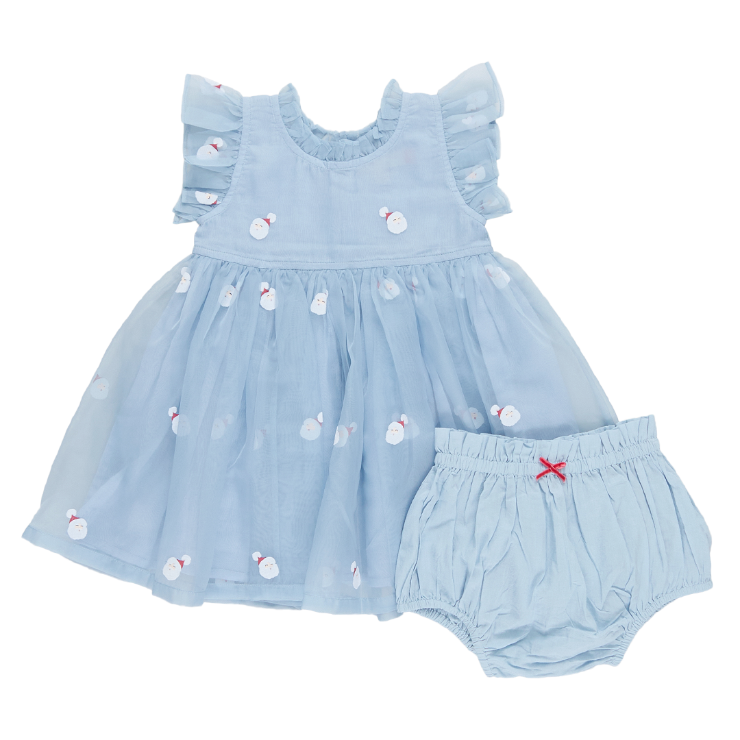 ruffle sleeveless light blue organza dress with santa embroidery with matching bloomers