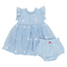 ruffle sleeveless light blue organza dress with santa embroidery with matching bloomers