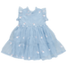 back of ruffle sleeveless light blue organza dress with santa embroidery