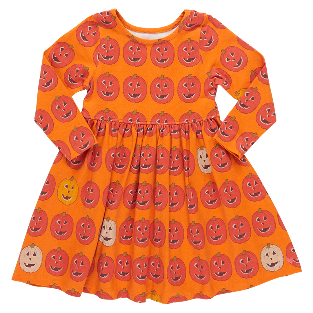 long sleeve orange dress with orange jackolatern print