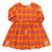 back view of long sleeve orange dress with orange jackolatern print
