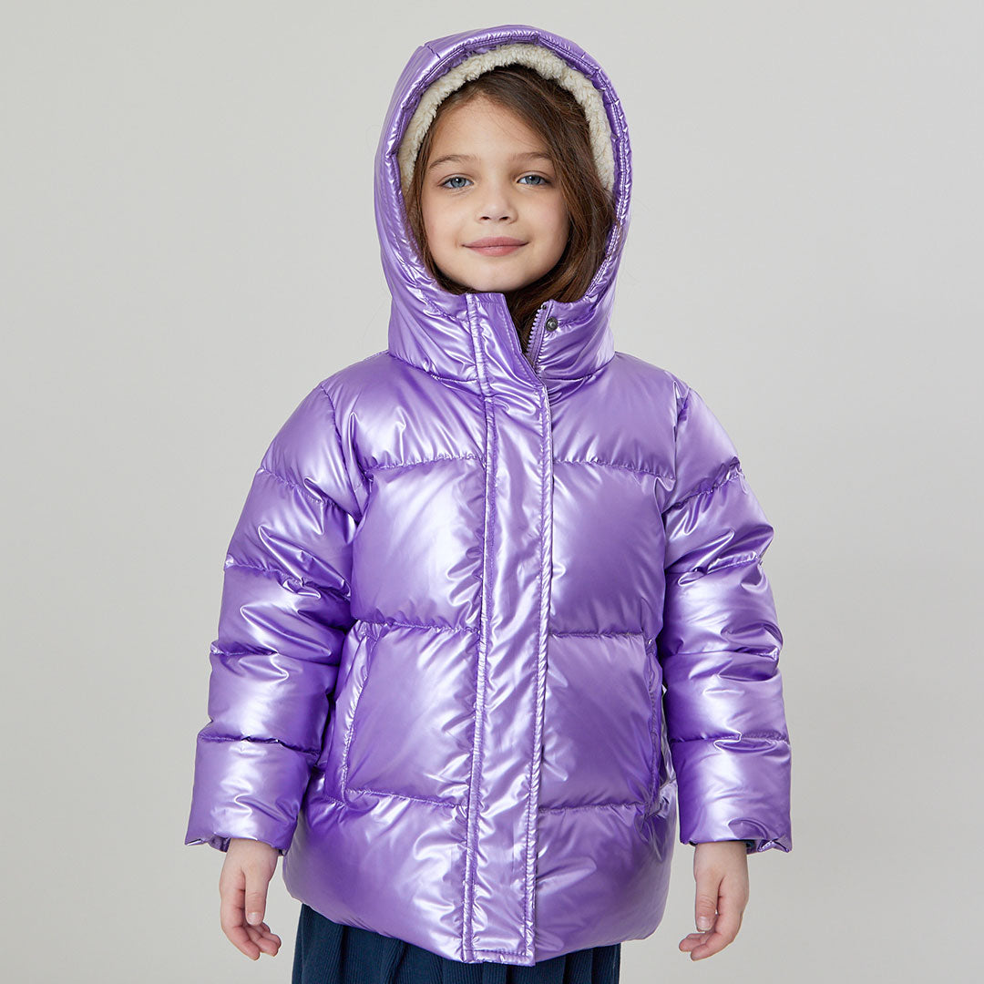 girl wearing hooded purple puffer coat