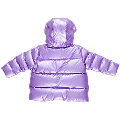 back of hooded purple metallic puffer