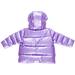 back of hooded purple metallic puffer