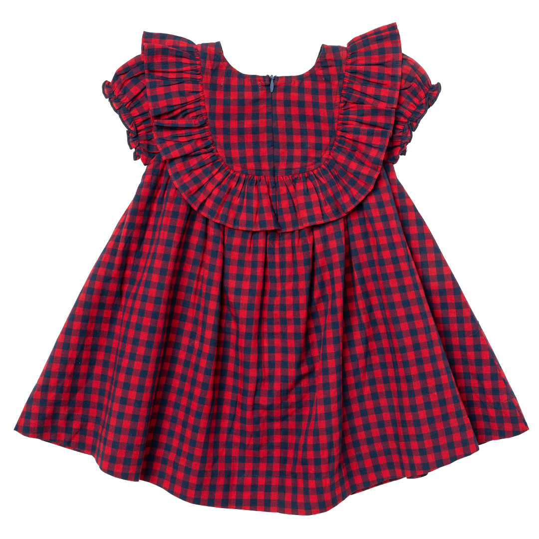 back of red and navy gingham dress with puff sleeve and ruffle detail and zipper closure