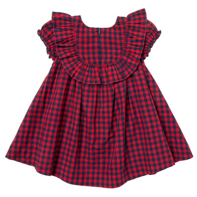 back of red and navy gingham dress with puff sleeve and ruffle detail and zipper closure