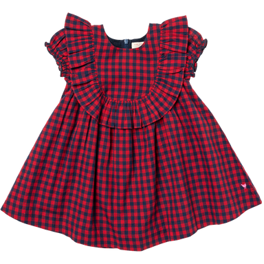 red and navy gingham dress with puff sleeve and ruffle detail