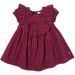red and navy gingham dress with puff sleeve and ruffle detail