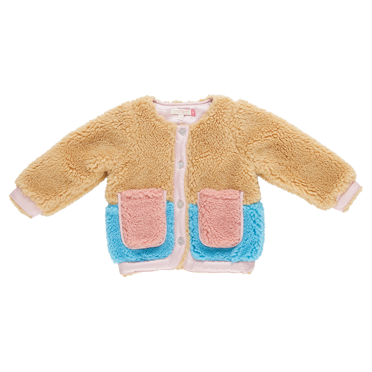 coloblock teddy coat with brown, blue and pink patches and sparkle buttons