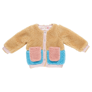 coloblock teddy coat with brown, blue and pink patches and sparkle buttons