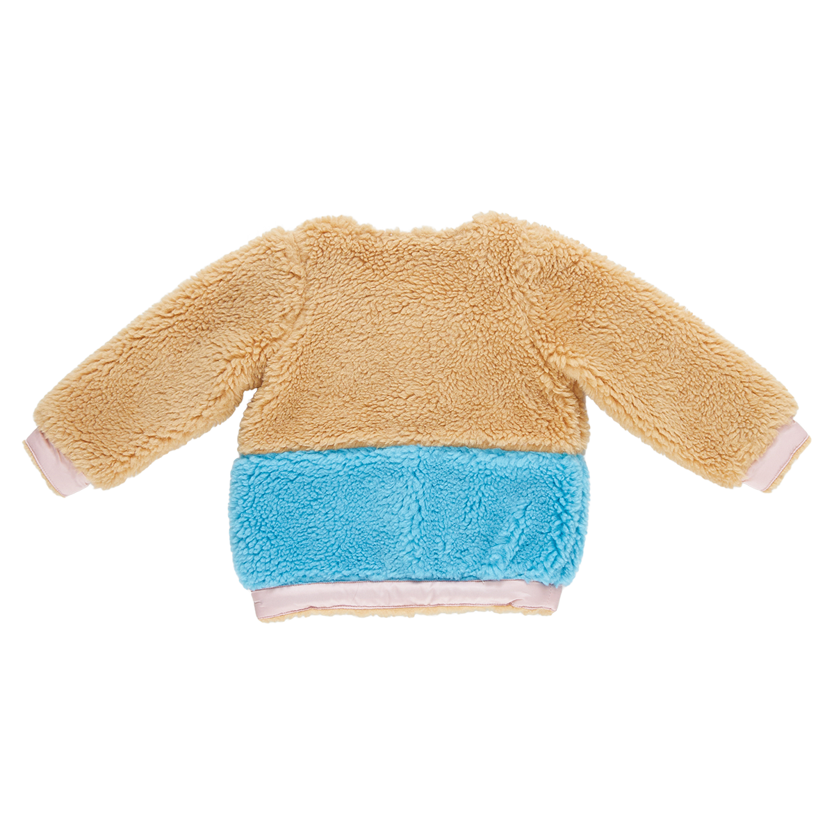 back of coloblock teddy coat with brown, blue and pink patches