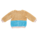 back of coloblock teddy coat with brown, blue and pink patches