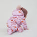 baby girl crawling while wearing lavender purple snowsuit with orange poppy flowers and fleece lining