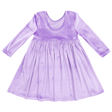 back of long sleeve lavender velour dress with scoop back detail