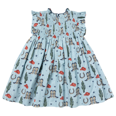 back of light blue sleeveless dress with smocking and rodeo print including boots, cactus and cowboy hats