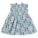 back of light blue sleeveless dress with smocking and rodeo print including boots, cactus and cowboy hats