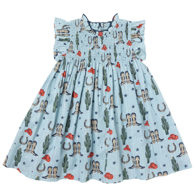 light blue sleeveless dress with smocking and rodeo print including boots, cactus and cowboy hats