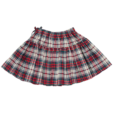 back of red, green, navy and cream colored tartan plaid skirt with bow detail