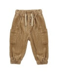 A pair of toddler's brown corduroy pants with an elastic drawstring waist and elastic cuffs, shown against a plain white background.