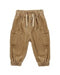 A pair of toddler's brown corduroy pants with an elastic drawstring waist and elastic cuffs, shown against a plain white background.