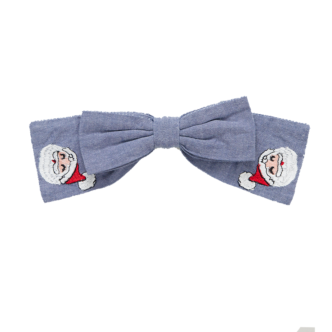 chambray colored hair bow with clip with white santa embroidery