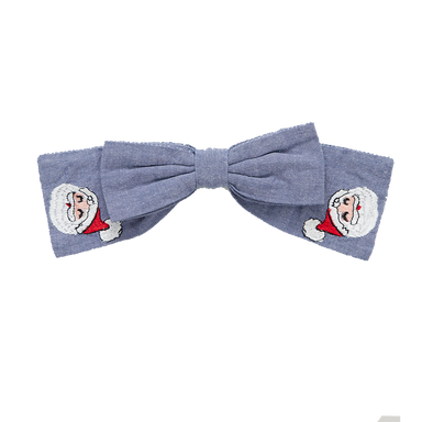chambray colored hair bow with clip with white santa embroidery