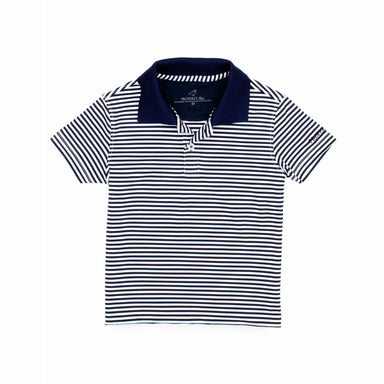 navy and white striped short sleeve polo