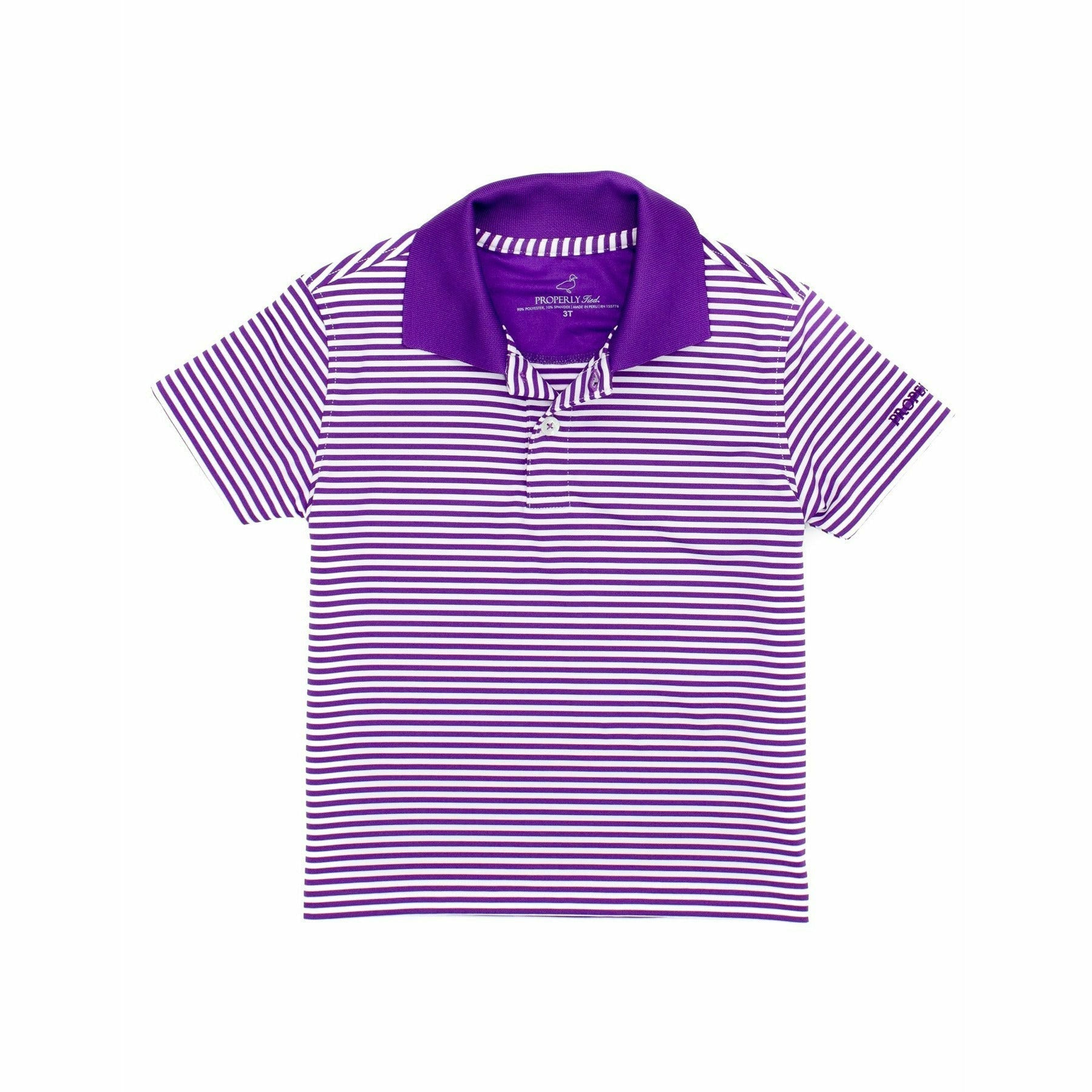 purple and white striped polo with purple collar