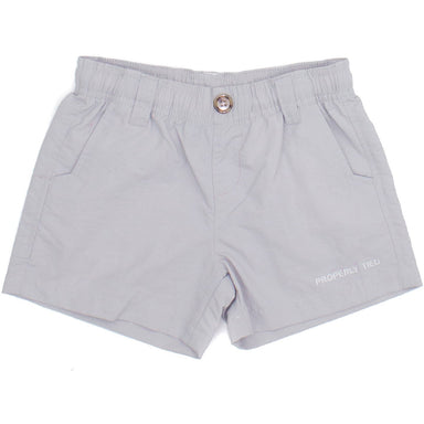 light grey shorts with elastic waist and button