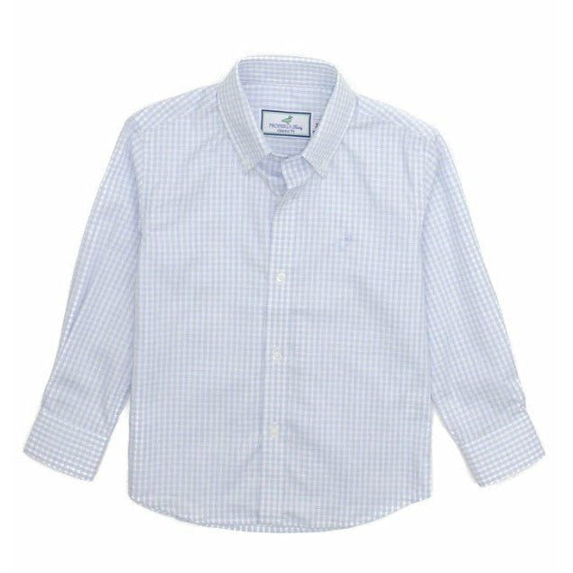 light blue and white checked long sleeve button down shirt
